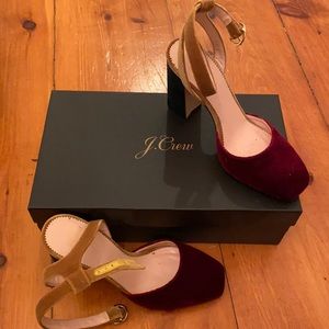J Crew Velvet Block Heel burgundy gold green 7M